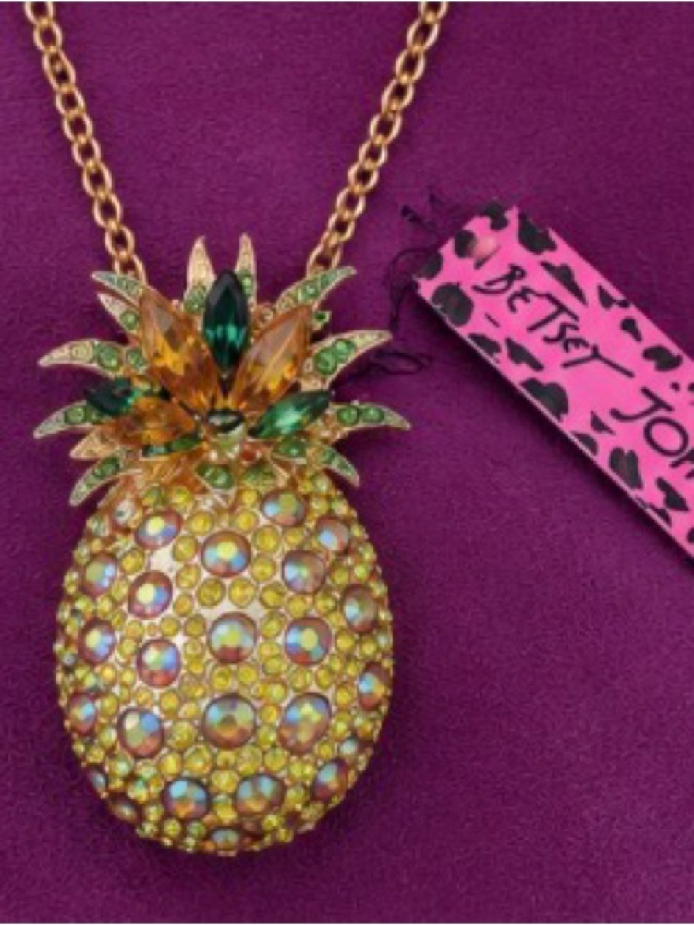 Betsey Johnson Rhinestone Pineapple Brooch Necklace Gold Tone Crystal NWT